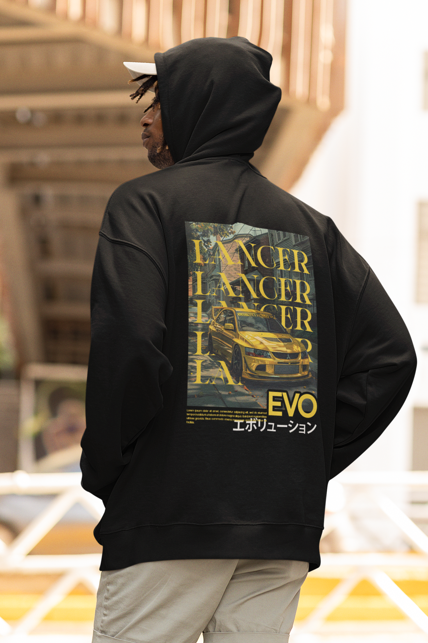 Premium Hoodie | Lancer Evolution in Gelb | Beidseitig